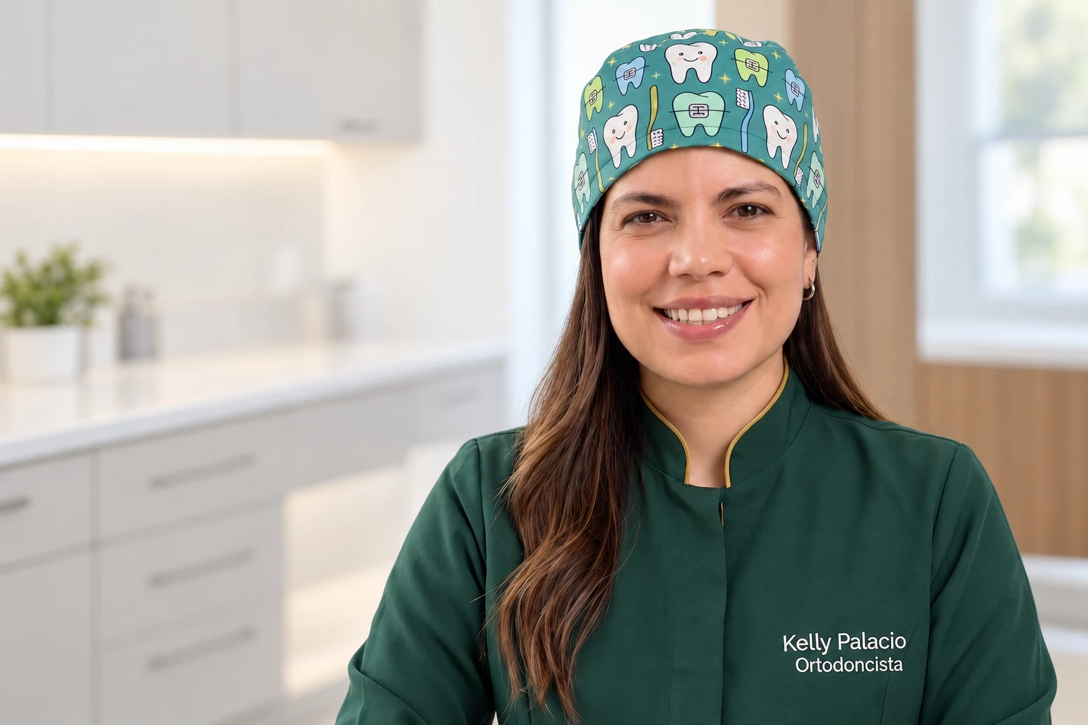 Dr. Kelly Palacio smiling in her green uniform at her office in north Bogotá