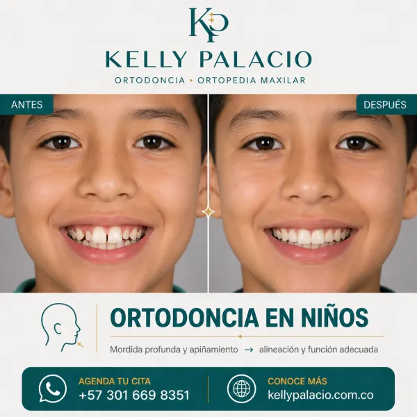 Caso real antes y después: Ortodoncia en niños — mordida profunda y apiñamiento. Mordida profunda y apiñamiento → Alineación y función adecuada. Tratamiento realizado por la Dra. Kelly Palacio, ortodoncista en Bogotá.